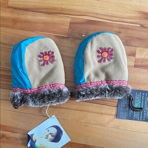 Blue and Tan Native Inuk Mittens with Fur Trim